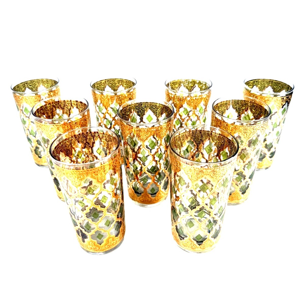 Vintage Culver Valencia Set 9 Highball Glasses 22K Gold Green Enamel Lattice MCM